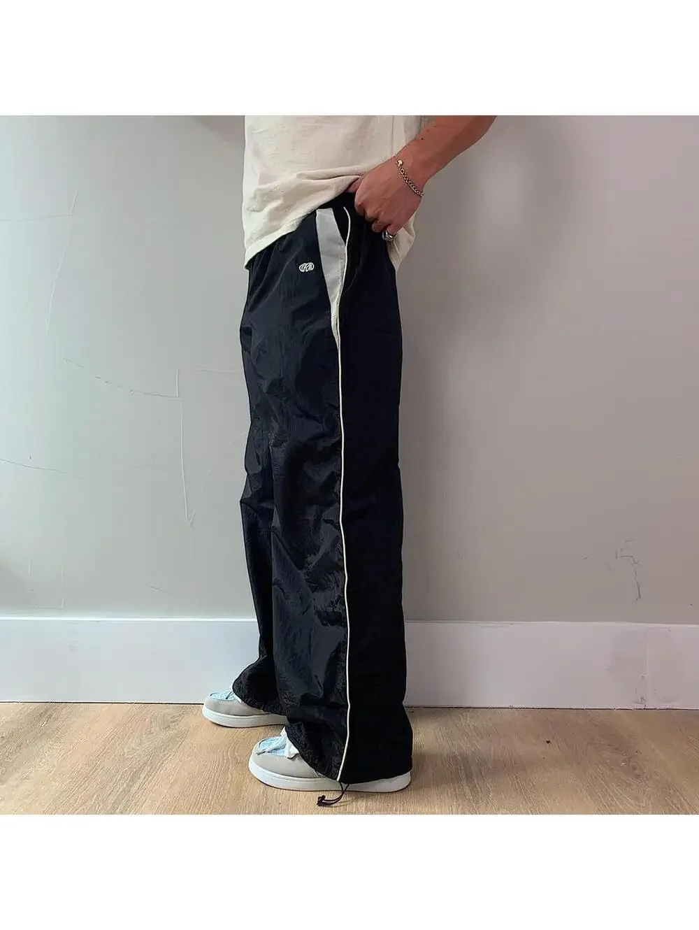 Y2k 2000s baggy loose lightweight striped black and white windbreaker pants